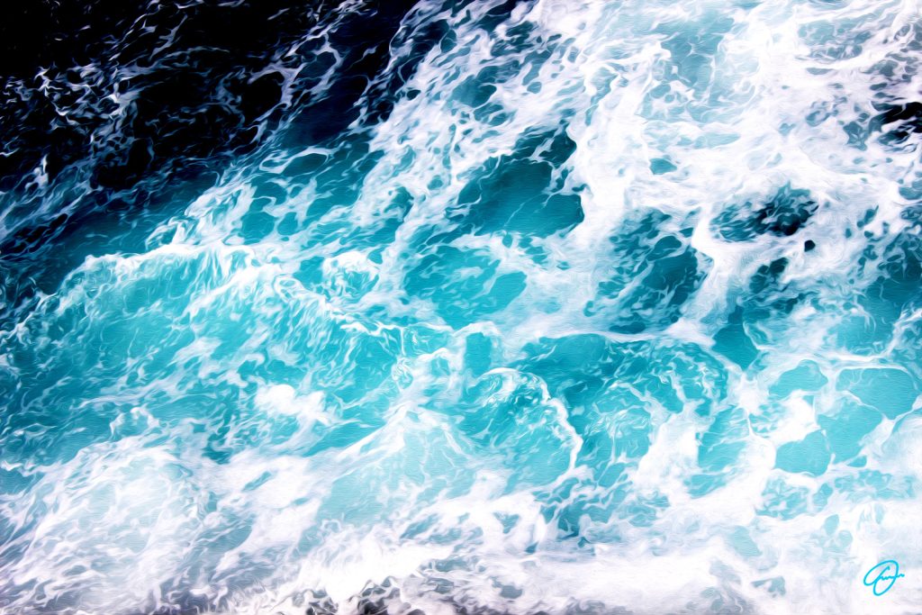 A Fresh Start artwork by Fabio Dal Boni – blue Atlantic Ocean waves crashing on rocks near Biarritz and San Sebastian