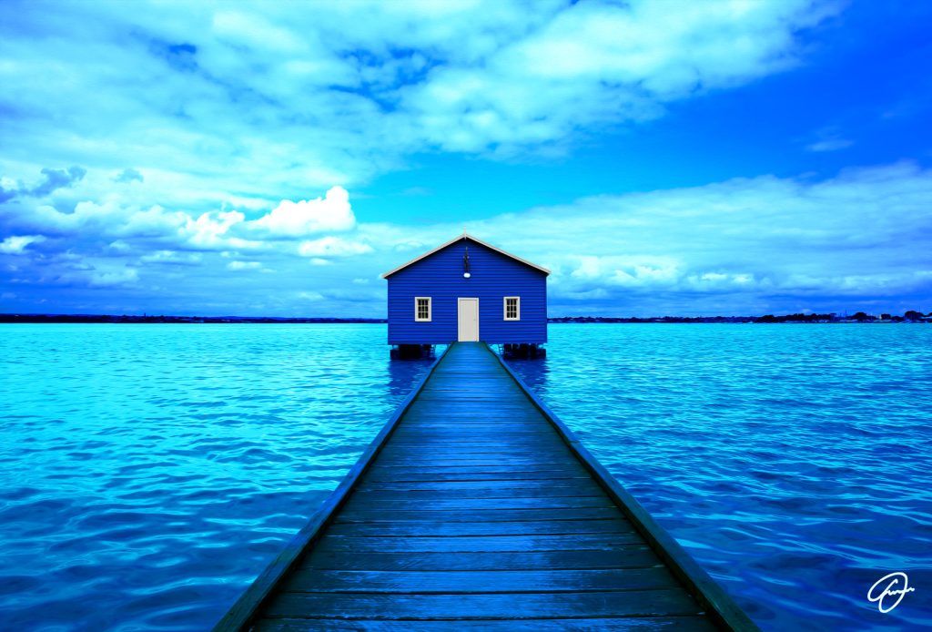Call Me a Dreamer artwork by Fabio Dal Boni – iconic Perth Boat House painted in heavenly blues