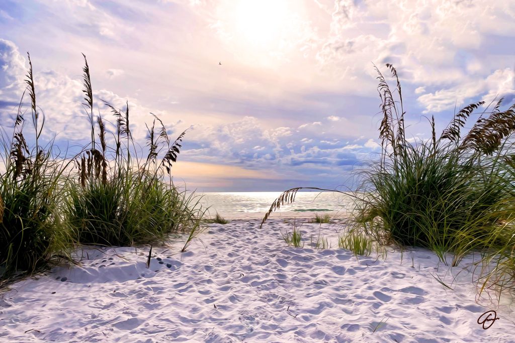 Love Poem artwork by Fabio Dal Boni – sunset on Sarasota beach with leafy arches and golden sky