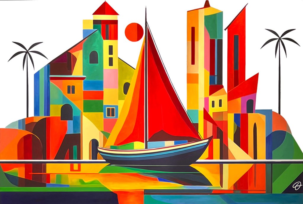 Portofino – My Early Days acrylic painting by Fabio Dal Boni – colorful sailboat and houses in Portofino, Italy
