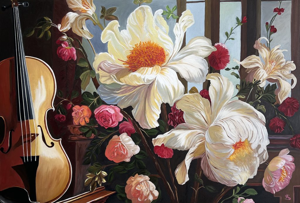 Melody oil painting by Alexa Scanziani featuring luminous flowers and violin in a warm classical atmosphere