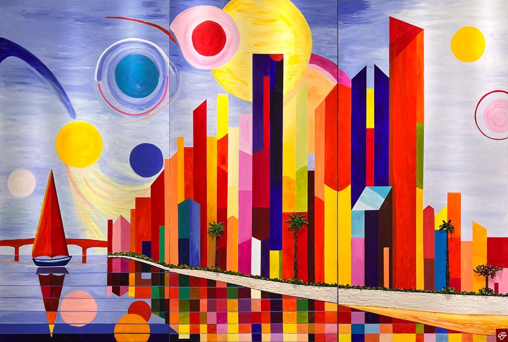 Bayfront Symphony by Fabio Dal Boni, colorful abstract Sarasota skyline triptych with geometric architecture, vibrant reflections, waterfront elements, and contemporary coastal design.